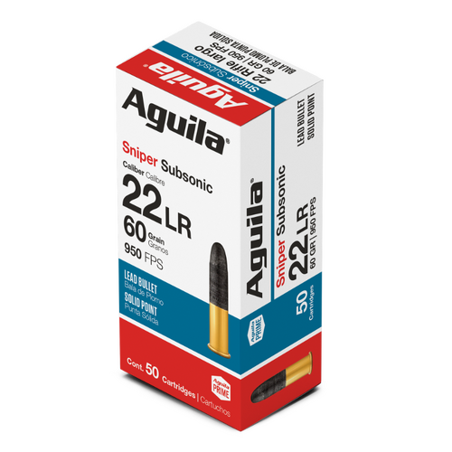 AGUILA Rimfire 22LR Sniper Subsonic Lead Solid Point 60GR Ammo, 50PK - A1B220112