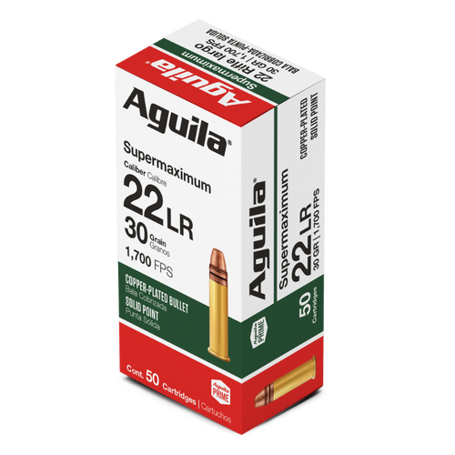 AGUILA Rimfire 22LR Supermax Copper-Plated Solid Point 30GR Ammo, 50PK - 1B220298