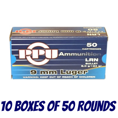 PPU 9mm 124gr LRN Ammunition - 10 Boxes Of 50 Rounds - HH9E-500PK