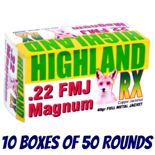 Highland .22 Magnum RX High Velocity FMJ 40gr - 10 Boxes Of 50 Rounds - HR22FM-500PK