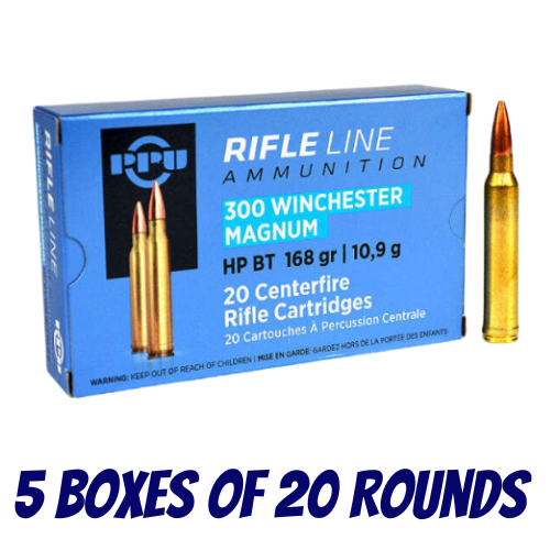 PPU 300 Win Mag 168gr Hollow Point Boat Tail - 5 Boxes Of 20 Rounds - HR300C_BULK