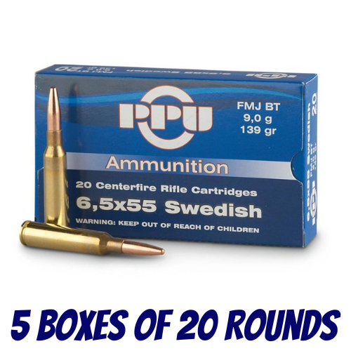 PPU 6.5x55 139gr Soft Point Boat Tail Ammunition - 5 Boxes Of 20 Rounds - HR65A