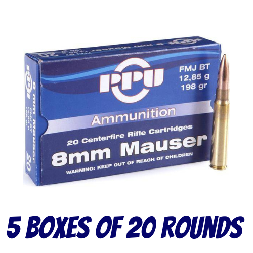 PPU 8x57 Mauser 175gr Pointed Soft Point Boat Tail Ammunition - 5 Boxes Of 20 Rounds - HR857B_BULK